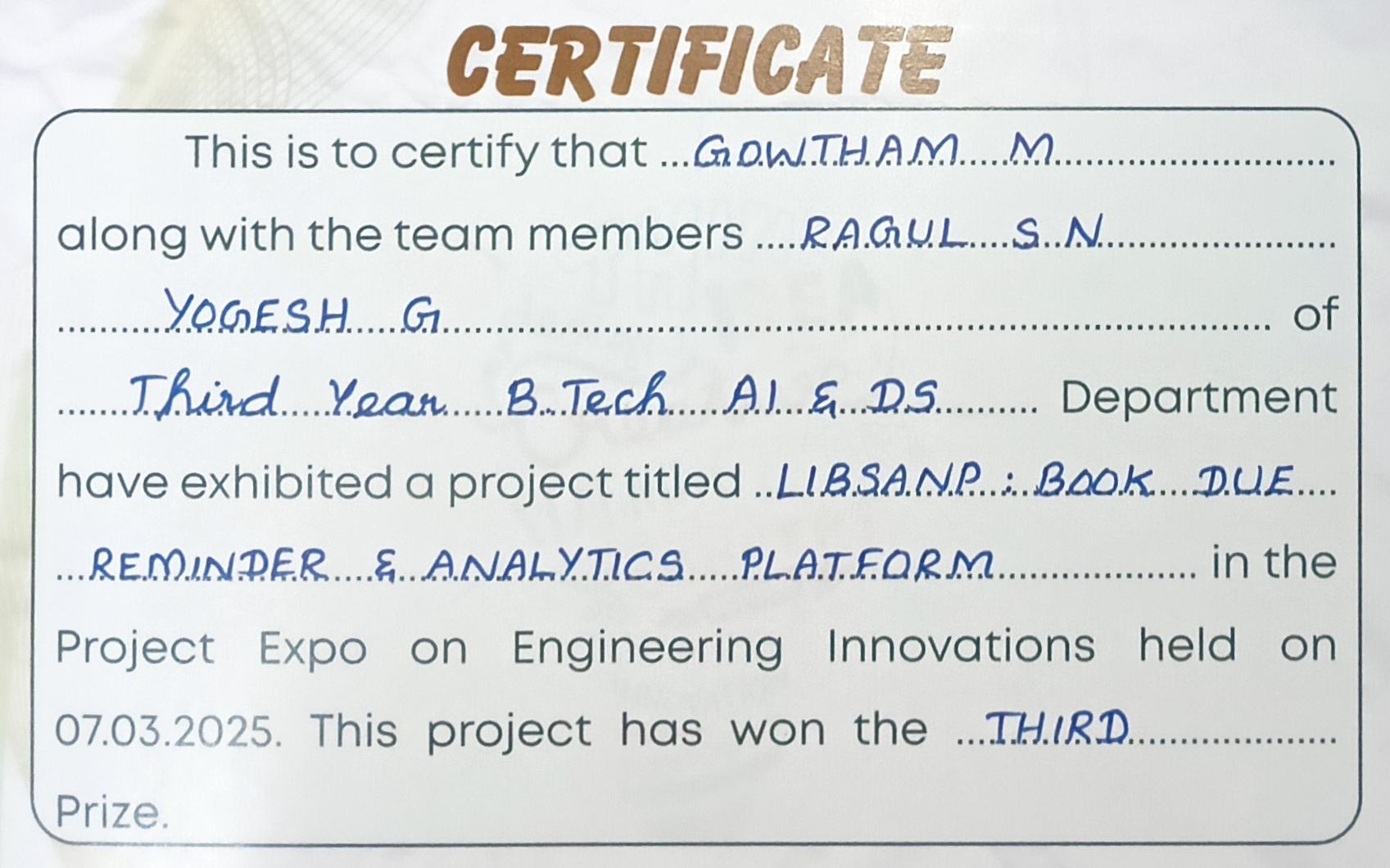 Department Project Expo 1st Prize